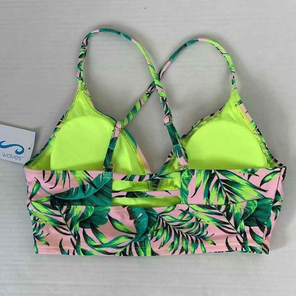 California Waves Pink and Green Palm Leaf Bikini Swimwear Top Medium